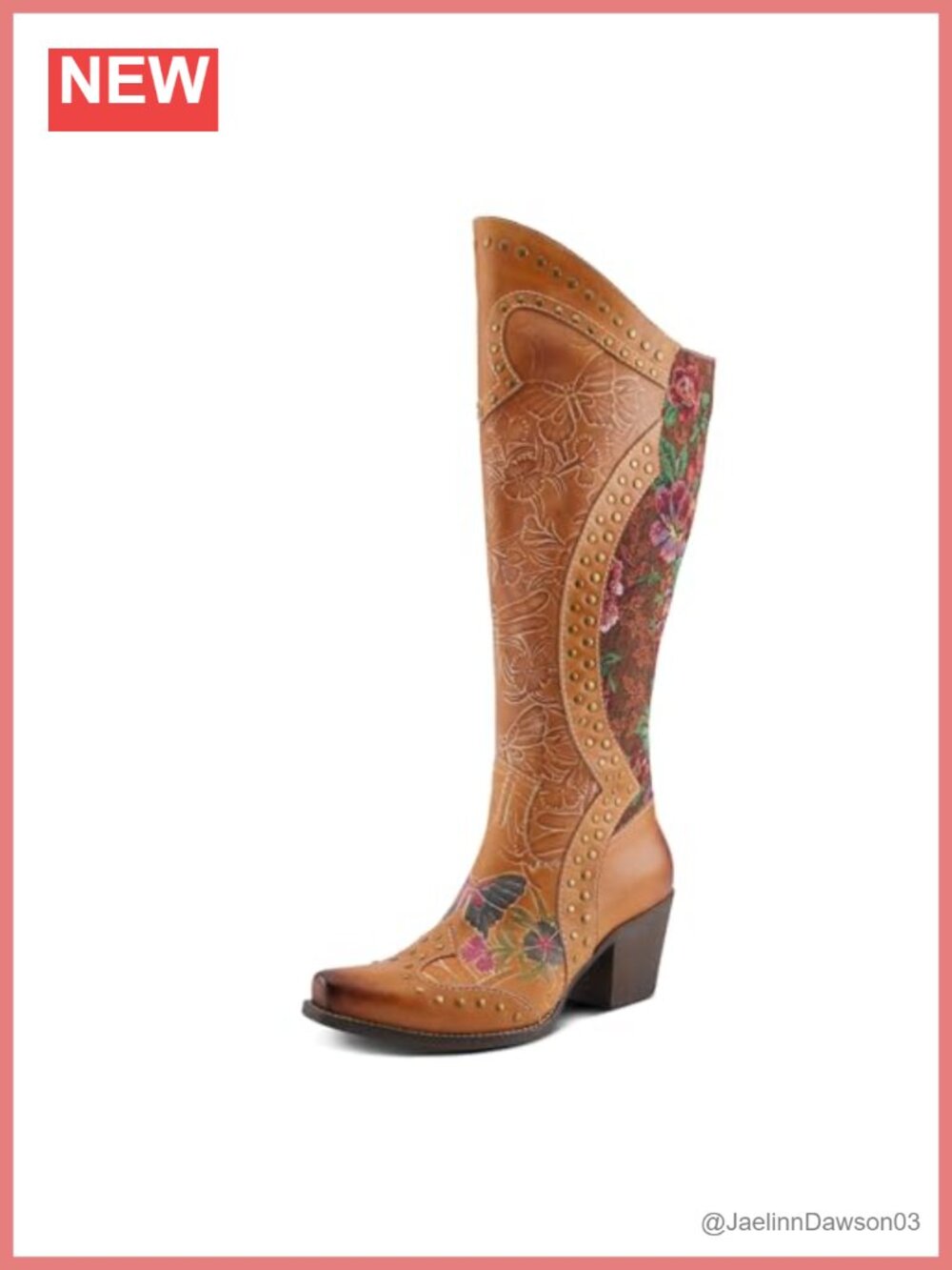 Womens Pointed Toe High-Top Cowboy Boots Handpainted Floral Leather Stacked Heel